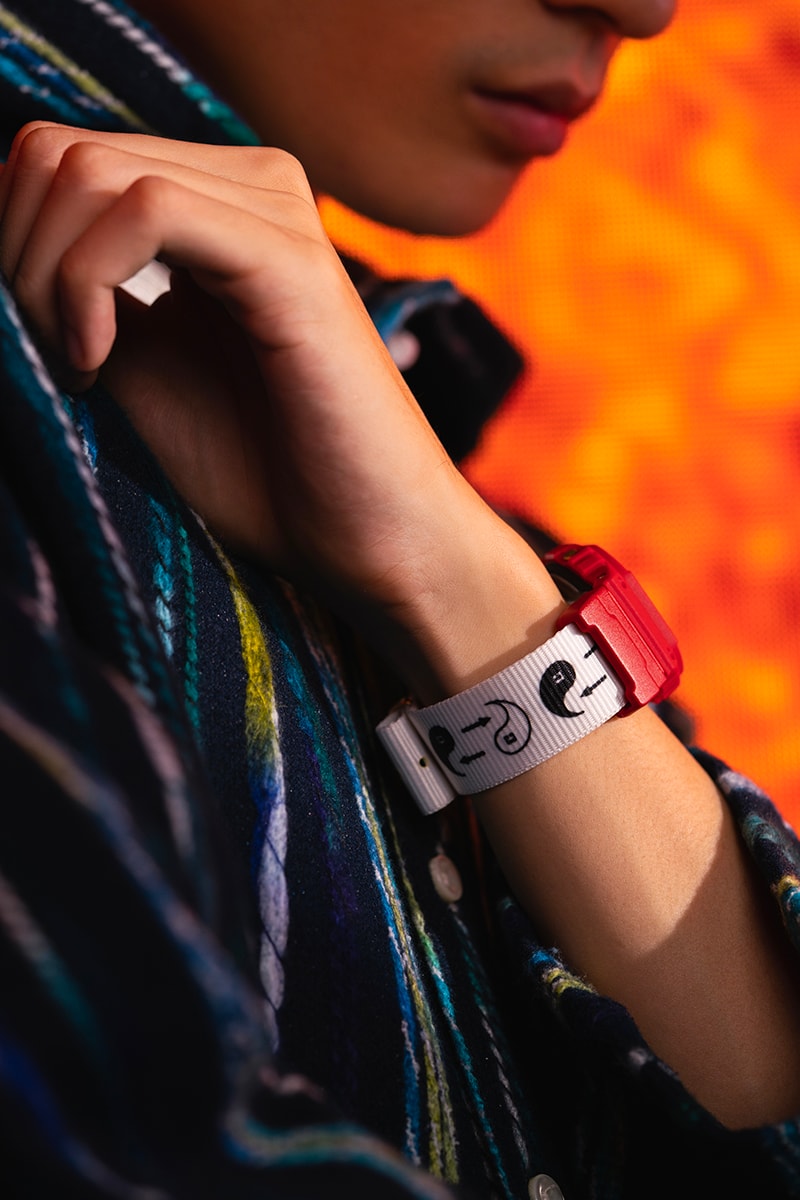 Casio G-Shock DW5600BBN CLOT collaboration timepiece watch 2012 2020 red gold chinese silk royale EL backlight  1987 20 bar water resistance nine interchangeable straps infinity theme yin yang silk november 26 juice release info