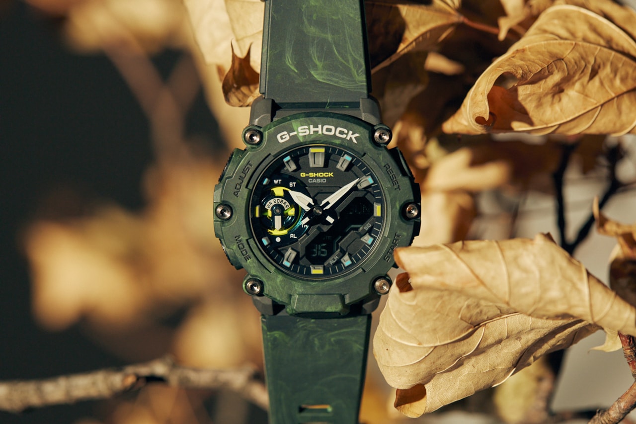 g-shock mystic series four mixed-color molded bezels green and brown camouflage dark earthy tones vegetation trees forest hybrid analog-digital compact and lightweight Carbon Core Guard case structure two colors of resin green mix-molded bezel/band brown mix-molded bezel/band GA-2100FR-3a GA-2100FR-5a GA-2200MFR-3A GA-2200MFR-5A 3-year battery life inverted LCD display natural environment design forward aesthetic cookbook