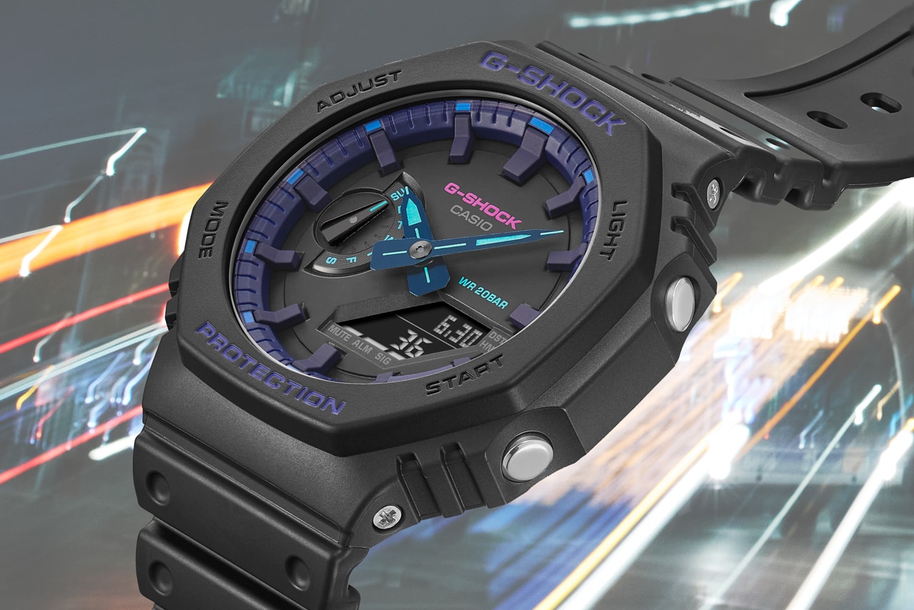 g-shock casio virtual reality timepiece watch collection capsule three new watches GA2100VB-1A GA700VB-1A GA900VB-1A black ion-plated bezel thin case blue violet colorful vibrant futuristic stylish practical regular cultural virtual reality digital experience aesthetic vibes Shock Resistance 200M Water Resistance 5 Daily Alarms (GA700/GA900 with SNZ Alarm) 1/100 Second Stopwatch Countdown Timer (GA2100: 24Hr; GA700/GA900: 1Hr) World Time (31Time Zones, 48 Cities+UTC) Full Auto Calendar