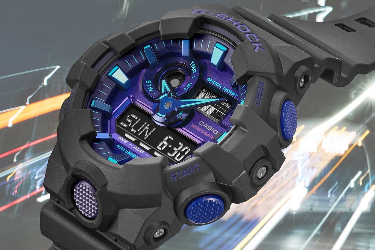 g-shock casio virtual reality timepiece watch collection capsule three new watches GA2100VB-1A GA700VB-1A GA900VB-1A black ion-plated bezel thin case blue violet colorful vibrant futuristic stylish practical regular cultural virtual reality digital experience aesthetic vibes Shock Resistance 200M Water Resistance 5 Daily Alarms (GA700/GA900 with SNZ Alarm) 1/100 Second Stopwatch Countdown Timer (GA2100: 24Hr; GA700/GA900: 1Hr) World Time (31Time Zones, 48 Cities+UTC) Full Auto Calendar