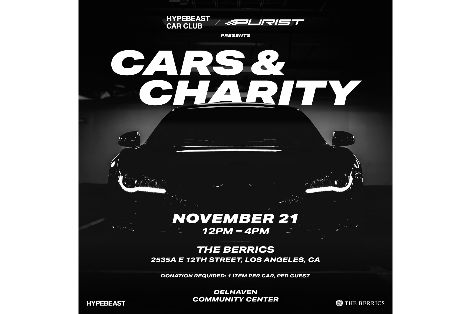 HYPEBEAST x Purist Group Cars & Charity LA Meet Event Berrics Skateboarding super cars jdm hypercars bmw audi porsche
