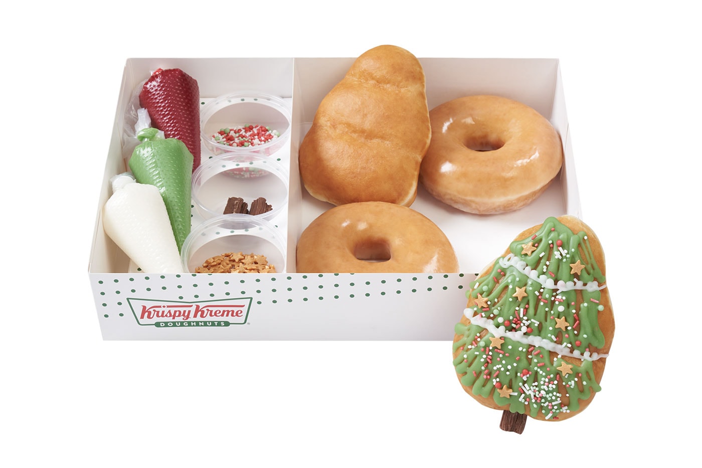 Krispy Kreme Christmas 2021 Doughnuts announcement Doughman Sprinkle Bells Tree Yo’self So Good Pud Dozen Creations Kit Piped Say Merry Christmas Half Dozen 