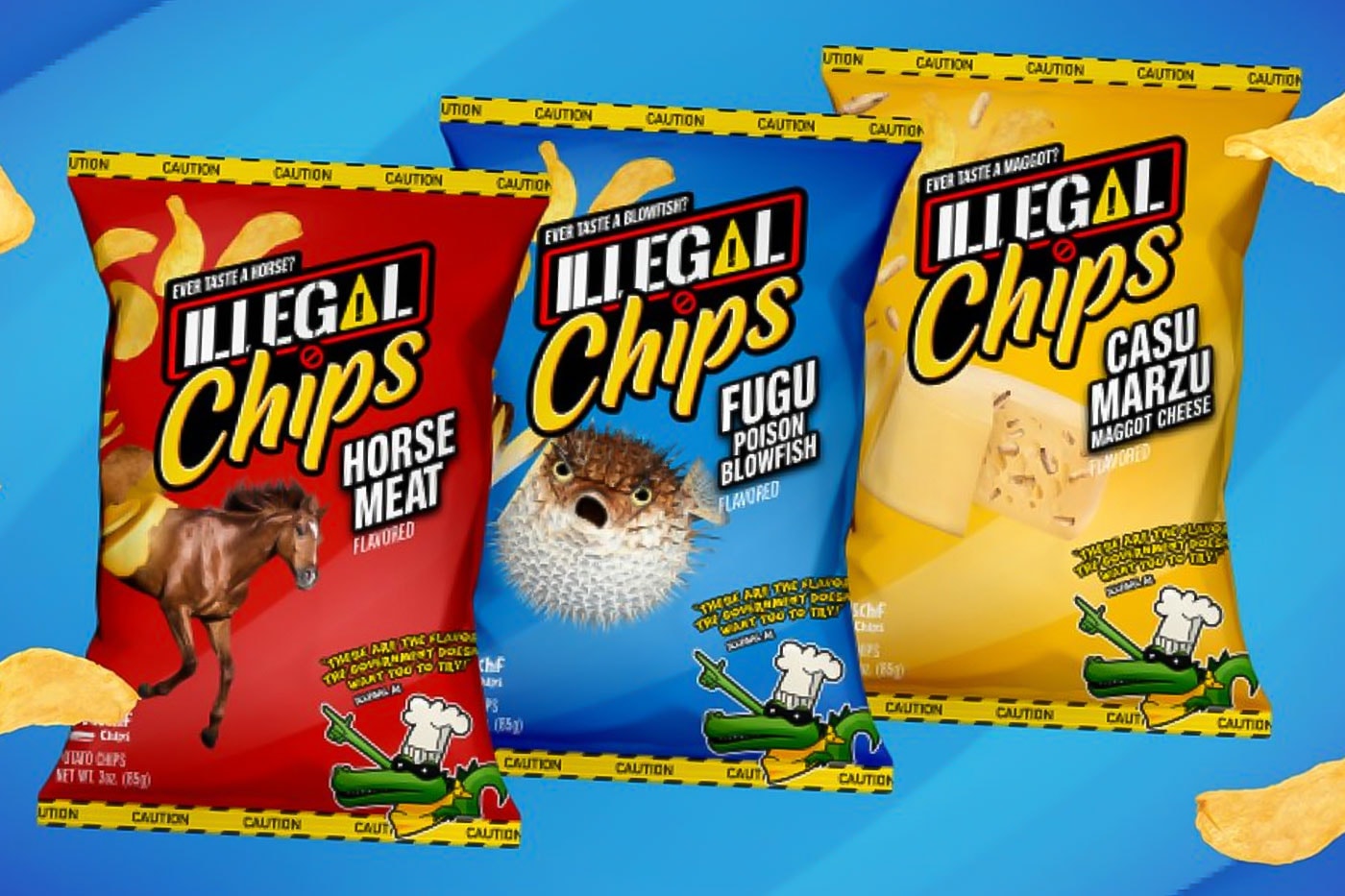 MSCHF Illegal chips horse meat casu marzu maggot cheese fugu poison blowfish flavors