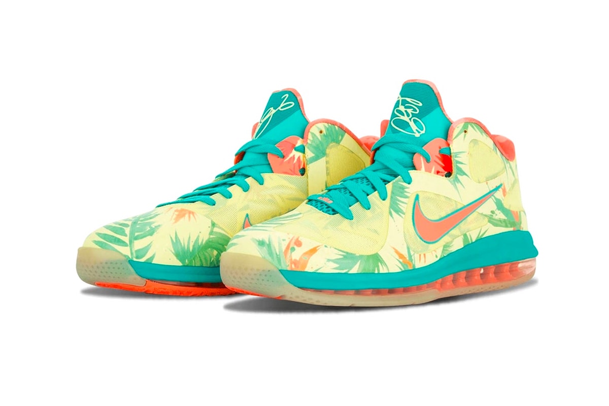 Nike Introduces the LeBron 9 Low LeBronold Palmer in Tropical Prints Sneakers Shoes Arnold lime teal orange tropical floral swoosh 360 max air unit special edition gold heel release info