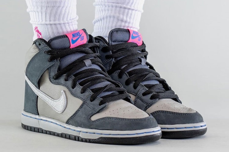 Closer at the Nike SB Dunk High in “Medium Grey”