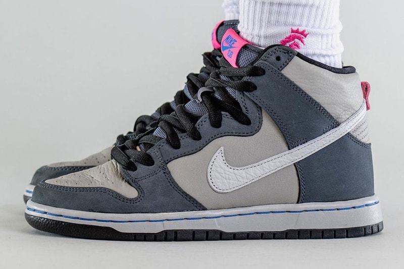 Nike SB Dunk High “Medium Gray” Official Look Footwear sneaker Swoosh leather mesh light gray medium gray white neon pink dj9800-001