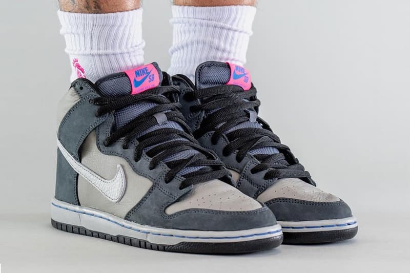 Nike SB Dunk High “Medium Gray” Official Look Footwear sneaker Swoosh leather mesh light gray medium gray white neon pink dj9800-001