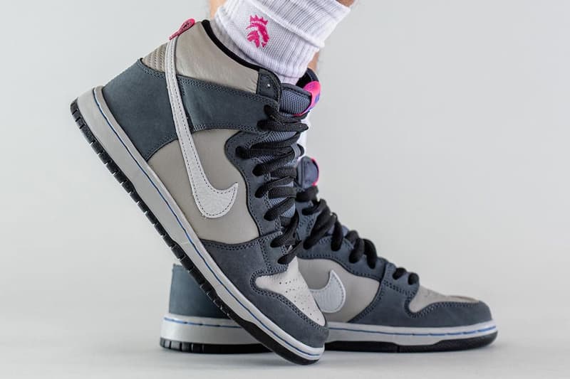 Nike SB Dunk High “Medium Gray” Official Look Footwear sneaker Swoosh leather mesh light gray medium gray white neon pink dj9800-001