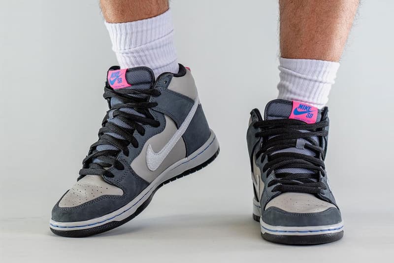 Nike SB Dunk High “Medium Gray” Official Look Footwear sneaker Swoosh leather mesh light gray medium gray white neon pink dj9800-001