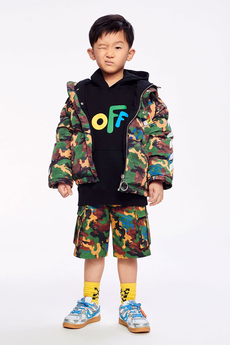 Off-White™ Kids Releases its FW21 Collection hippie culture bright colors camo checkered flannel letterman jackets low vulcanized sneakers virgil abloh fall winter 2021 release info