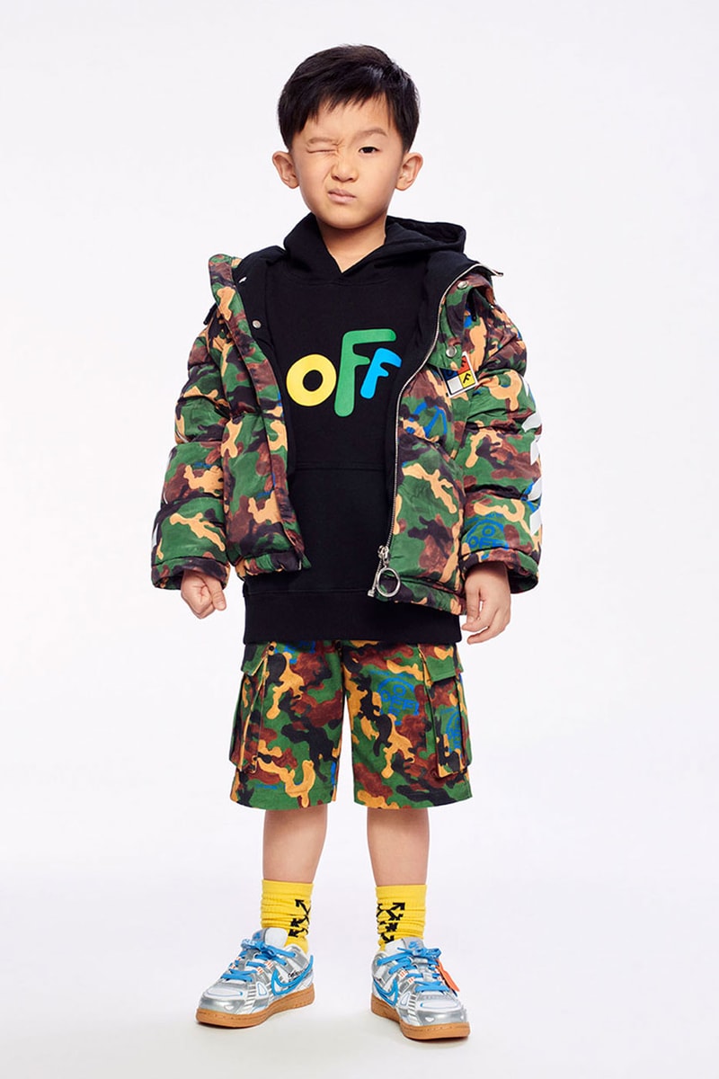 Off-White™ Kids Releases its FW21 Collection hippie culture bright colors camo checkered flannel letterman jackets low vulcanized sneakers virgil abloh fall winter 2021 release info