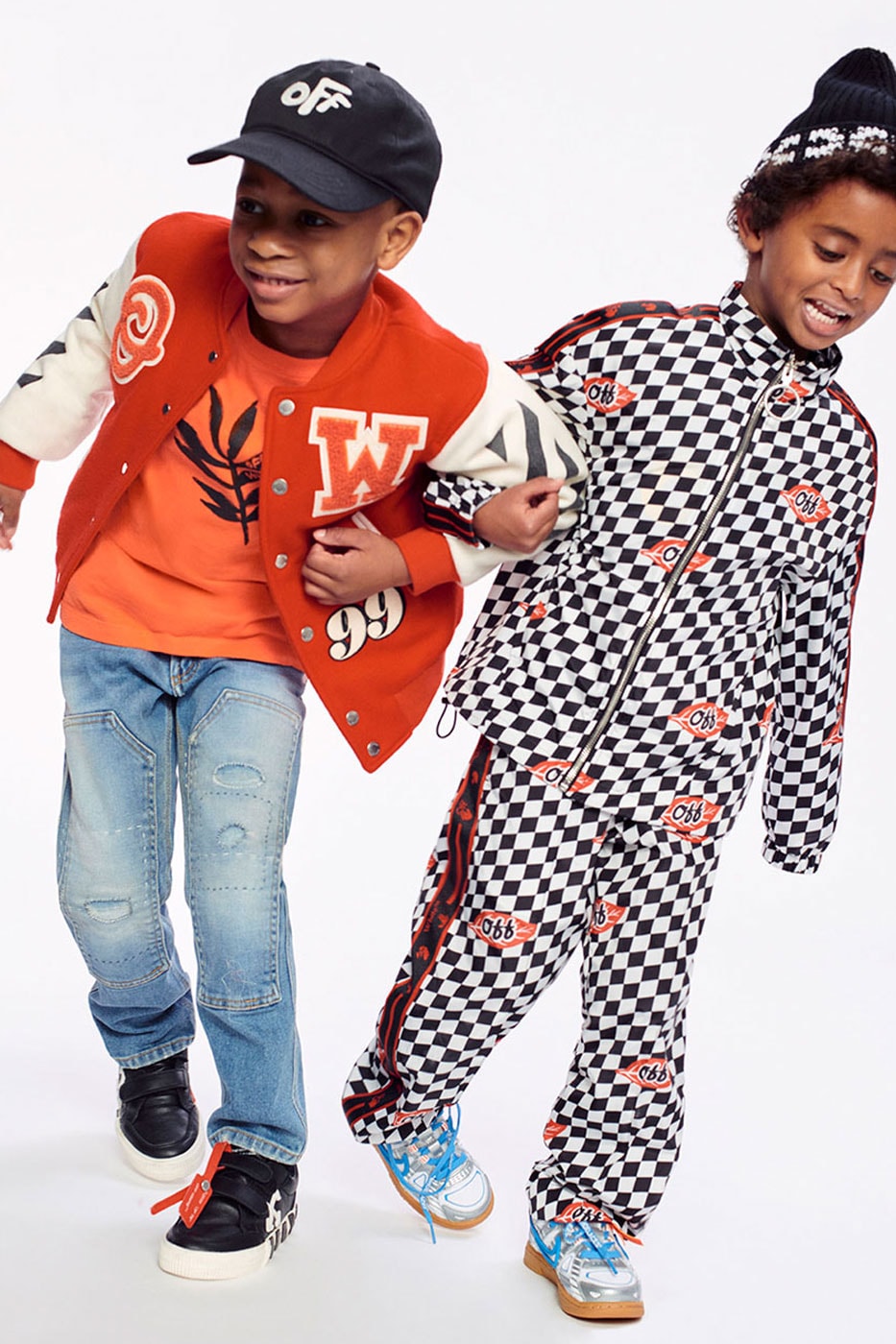 Off-White™ Kids Releases its FW21 Collection hippie culture bright colors camo checkered flannel letterman jackets low vulcanized sneakers virgil abloh fall winter 2021 release info
