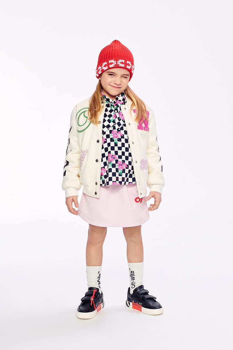 Off-White™ Kids Releases its FW21 Collection hippie culture bright colors camo checkered flannel letterman jackets low vulcanized sneakers virgil abloh fall winter 2021 release info