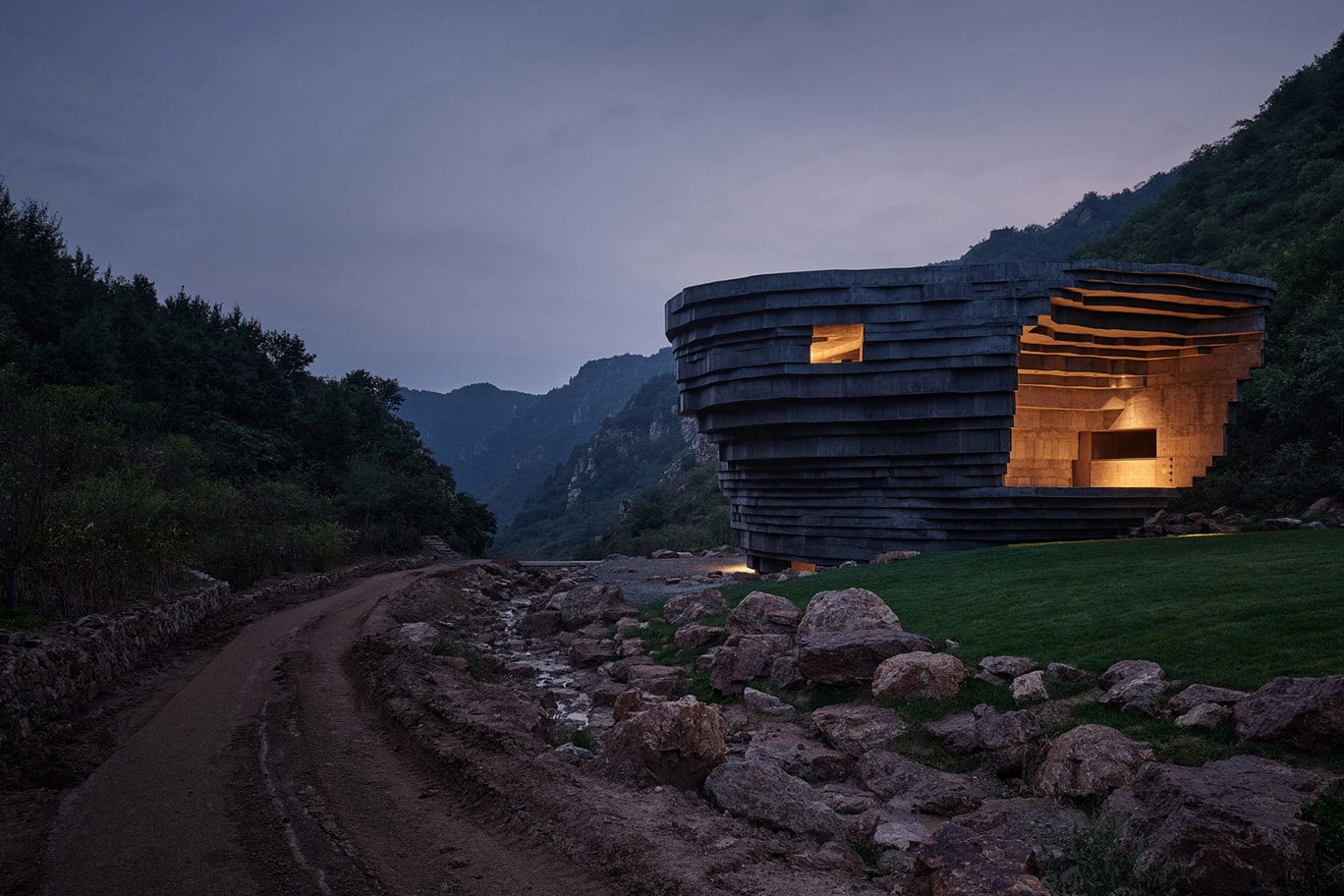 Open Architecture Completes "The Chapel of Sound" Rock-Like Concert Hall mountainous valley great wall of china concrete natural local stone reflection amphitheater stage beijing Li Hu Huang wenjiang news