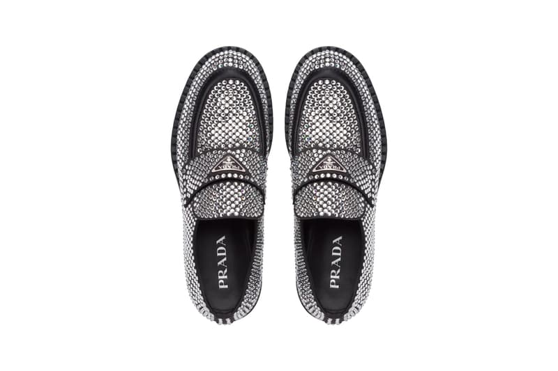 Prada Crystal Chocolate Satin Loafers 2DE135_2AWL_F0Z2D Triangle Motif Raf Simons Miuccia Fall Winter 2021 Xmas Christmas Sparkly Sparkles Glisten Footwear Shoes Luxury Gifts for Him Her 