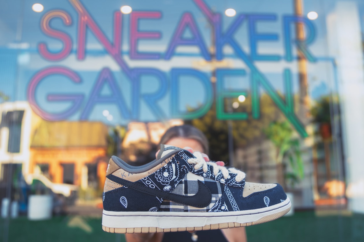 Sneaker Garden pop up melrose streetwear sneakers Travis Scott x Fragment Jordan 1  Nike SB x Ben and Jerry’s Chunky Dunky Supreme Nike SB Dunk Jordan 1 Hyper Royal Yeezy 700 Wave Runner Yeezy 350 Bred Supreme Nike Air Force 1 Jordan 1 Bred Patent Leather  Women’s Jordan 1 High Bubblegum DREW House Anti Social Social Club Gallery Dept. Kanye West’s Sunday Service Bape Spider Fear of God Essentials