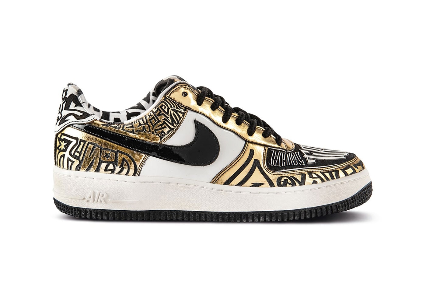 Sothebys auctions Nike Air Force 1 Entourage x Undefeated Fukijama Gold Premium Georges white and light blue los angeles queens boulevard film bruce kilgore AF1 dunk low samples hyperdrunks cp3 release info news