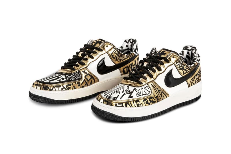 Sothebys auctions Nike Air Force 1 Entourage x Undefeated Fukijama Gold Premium Georges white and light blue los angeles queens boulevard film bruce kilgore AF1 dunk low samples hyperdrunks cp3 release info news