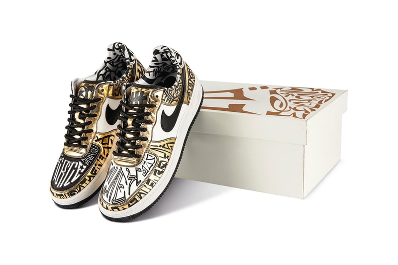 Sothebys auctions Nike Air Force 1 Entourage x Undefeated Fukijama Gold Premium Georges white and light blue los angeles queens boulevard film bruce kilgore AF1 dunk low samples hyperdrunks cp3 release info news