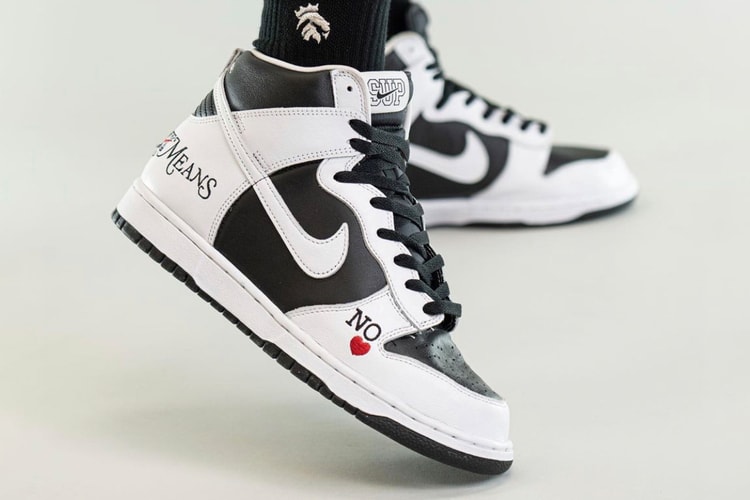 The Supreme x Nike SB Dunk High "By Any Means" in "Black/White" as Seen on Foot