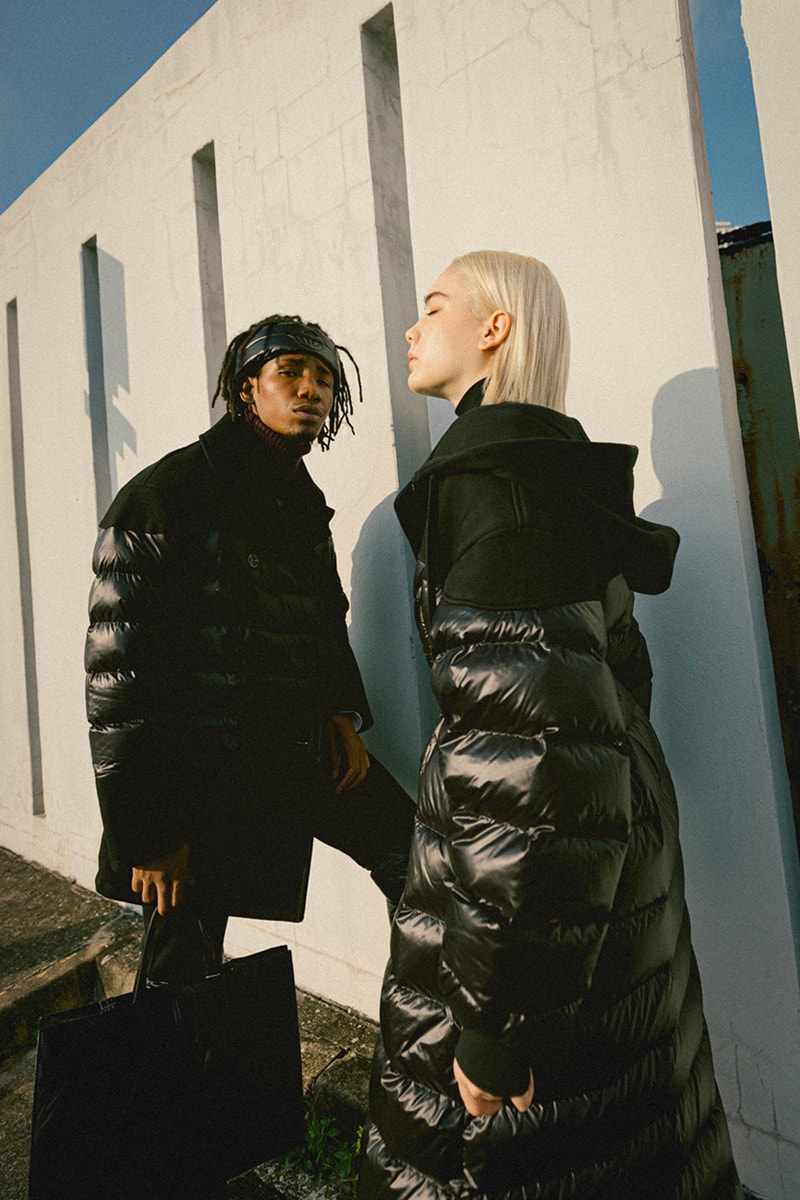 Telfar x Moose Knuckles HBX Release Puffer Capsule puff hoodie pea coat long hoodie coat flared sweatpants loafers boots headband beanie shopperbag earrings pendant silver gold apac exclusive release info
