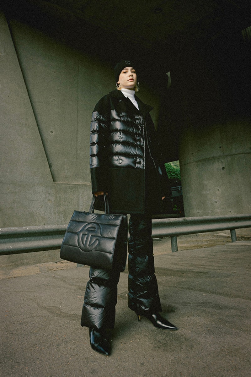 Telfar x Moose Knuckles HBX Release Puffer Capsule puff hoodie pea coat long hoodie coat flared sweatpants loafers boots headband beanie shopperbag earrings pendant silver gold apac exclusive release info