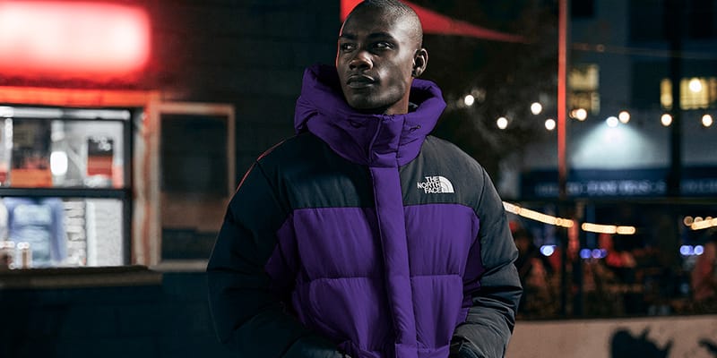 purple and grey north face jacket