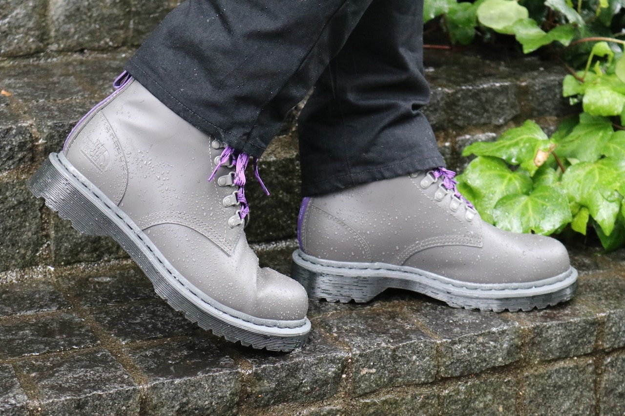 The North Face Purple Label nanamica 8-hole boots 1460 gray black purple laces welt stitch wintergrip waterproof release info
