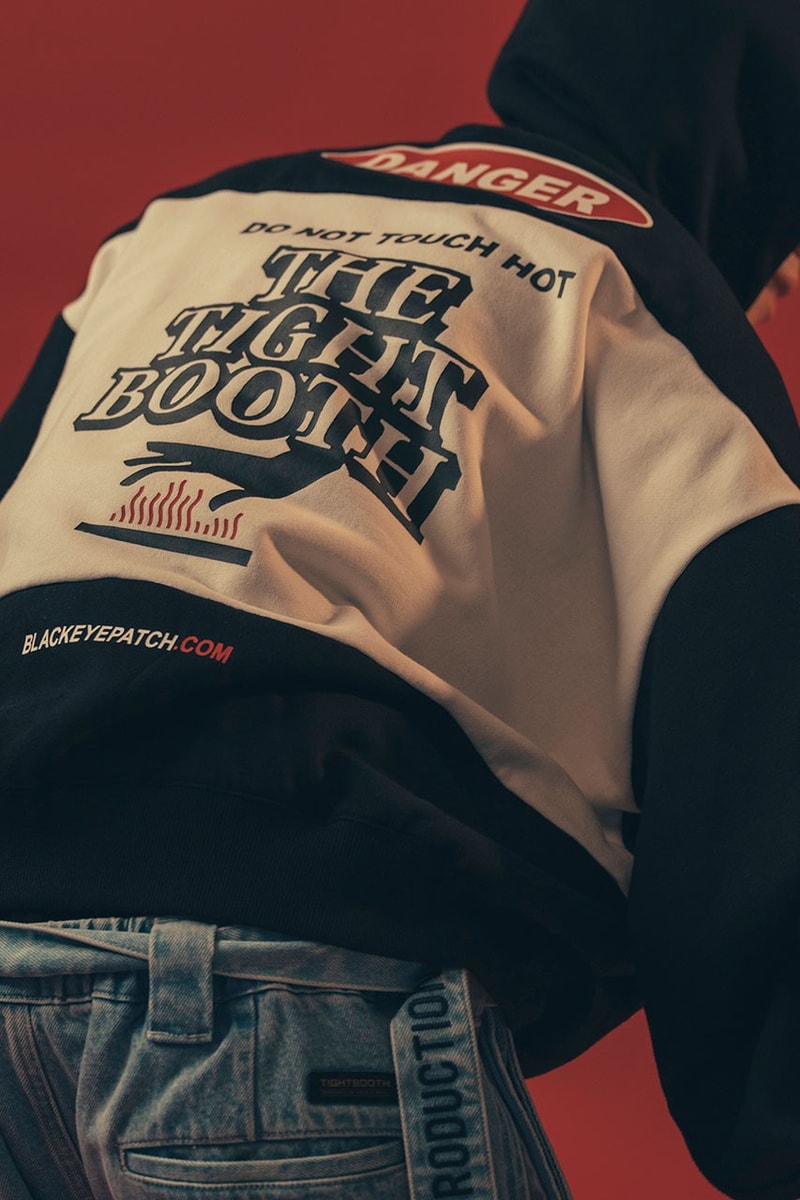 TIGHTBOOTH x BlackEyePatch "TBEP" Collection Info fashion japan fire flame skateboard caps pullovers anorak hoodies jackets beige blue white Rio Morishige