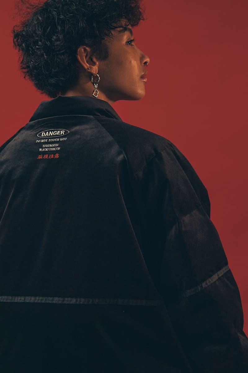TIGHTBOOTH x BlackEyePatch "TBEP" Collection Info fashion japan fire flame skateboard caps pullovers anorak hoodies jackets beige blue white Rio Morishige