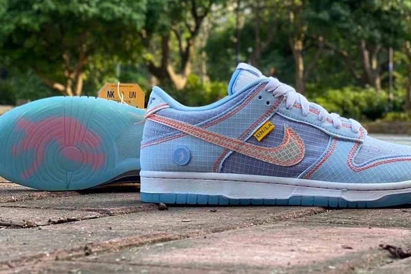 Take a First Look at the Union x Nike Dunk Low light blue lilac grid texture white the frontman Los angeles LA yellow tag 2022 release info date