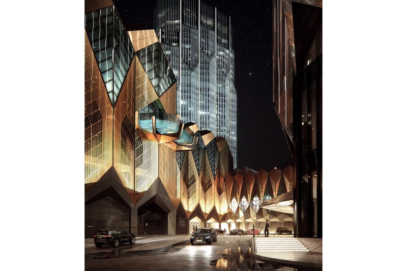 Zaha Hadid Architects Begins Construction on Hollywood-Inspired Studio City Expansion in Macau phase 2 vertical glass fins basalt rock  cotai strip 900 room hotel cinema water park retail space wetland timber look 