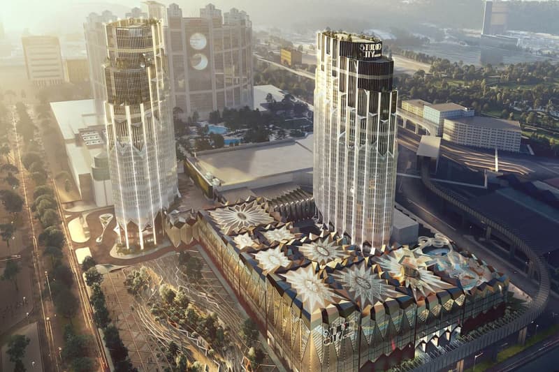 Zaha Hadid Architects Begins Construction on Hollywood-Inspired Studio City Expansion in Macau phase 2 vertical glass fins basalt rock  cotai strip 900 room hotel cinema water park retail space wetland timber look 