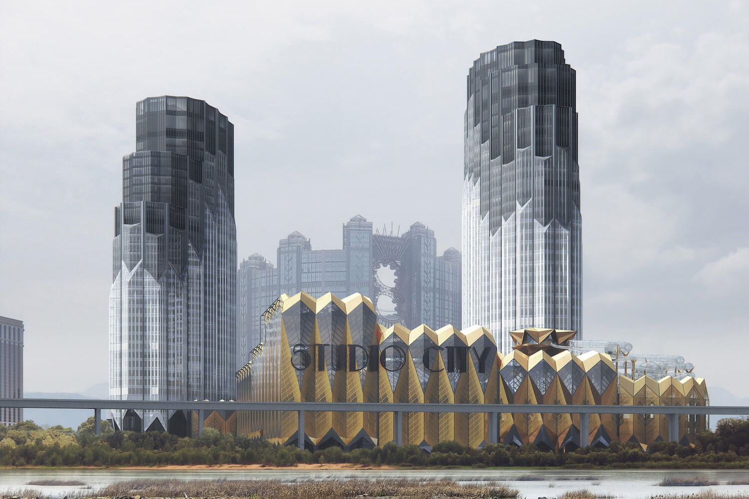 Zaha Hadid Architects Begins Construction on Hollywood-Inspired Studio City Expansion in Macau phase 2 vertical glass fins basalt rock  cotai strip 900 room hotel cinema water park retail space wetland timber look 