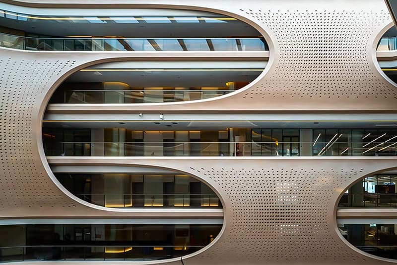 zaha hadid architects fluid infinitus plaza infinity symbol china workspaces herbal medicine research labs ineteraction central LEED gold recyclable solar reduction