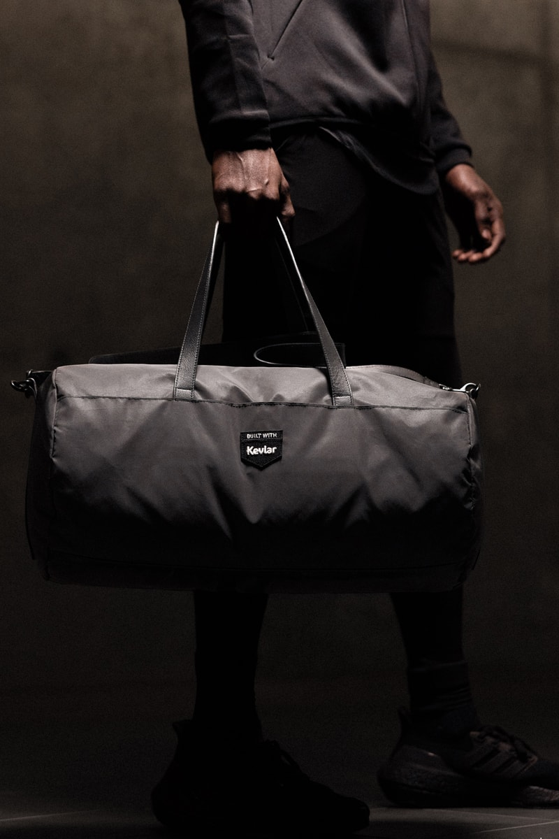 ASRV x Kevlar® CityTrek Collection dupont kevlar team bags Backpack, Crossbody Bag, Duffle Bag, and Weekender Bag dark grey finish sophisticated material hi-vis reflectivity 10k waterproofing Kevlar® K29 fibers ripstop nylon natural leather base panels, matte black custom zipper hardware and embroidered patch logos