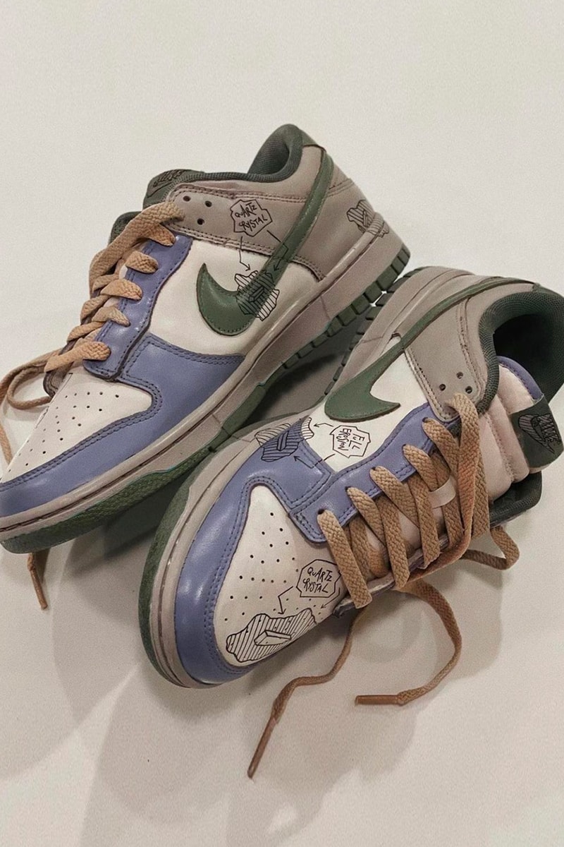 Andrew Chiou Daniel Arsham-Inspired Custom Nike Dunk Lows purple green white quartz crystal foxtrott uniform andu.c andrew chiou images sneakers shoes neo vintage