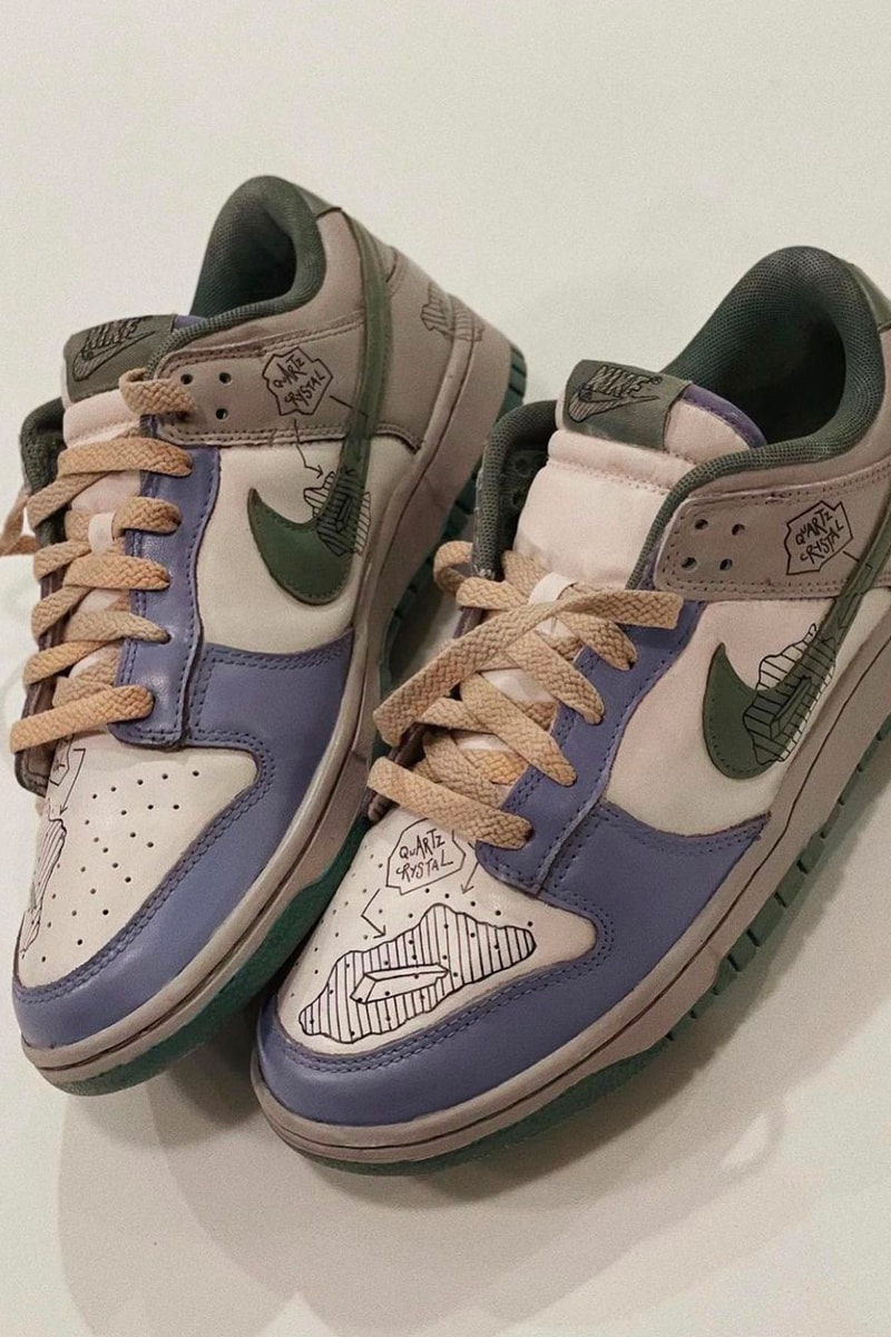 Andrew Chiou Daniel Arsham-Inspired Custom Nike Dunk Lows purple green white quartz crystal foxtrott uniform andu.c andrew chiou images sneakers shoes neo vintage
