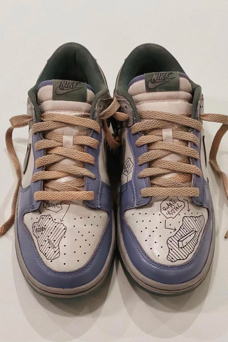 Andrew Chiou Daniel Arsham-Inspired Custom Nike Dunk Lows purple green white quartz crystal foxtrott uniform andu.c andrew chiou images sneakers shoes neo vintage