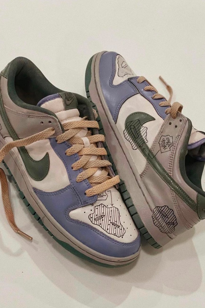 Andrew Chiou Daniel Arsham-Inspired Custom Nike Dunk Lows purple green white quartz crystal foxtrott uniform andu.c andrew chiou images sneakers shoes neo vintage