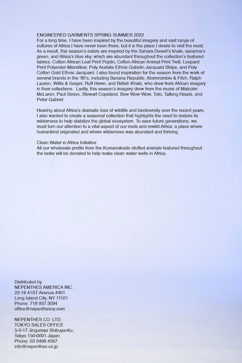 Engineered Garments Spring Summer Collection 2022 SS22 The First and the Future Lookbook Release Info Buy Price African Culture Animal Prints Khaki