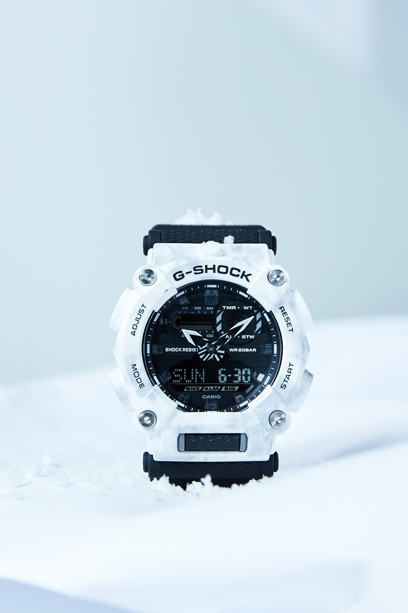 G-shock four new models octagonal GAE-2100, the square case DW-5600, the sporty analog-digital combination GA-2200 and the rugged and powerful Ga-900 snow camouflage design DW5600GC-7 GA2200GC-7A  GA900GC-7A GAE2100GC-7A winter wear outwear sportswear all-white base styles