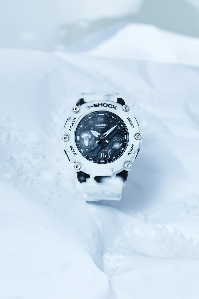 G-shock four new models octagonal GAE-2100, the square case DW-5600, the sporty analog-digital combination GA-2200 and the rugged and powerful Ga-900 snow camouflage design DW5600GC-7 GA2200GC-7A  GA900GC-7A GAE2100GC-7A winter wear outwear sportswear all-white base styles