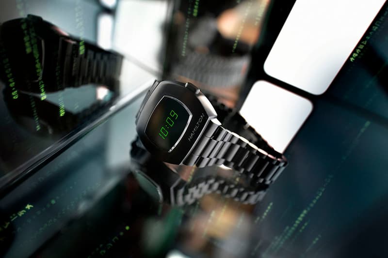 Hamilton Dresses PSR Digital Watch in Matrix Black And Green For The Launch of The Matrix Resurrections