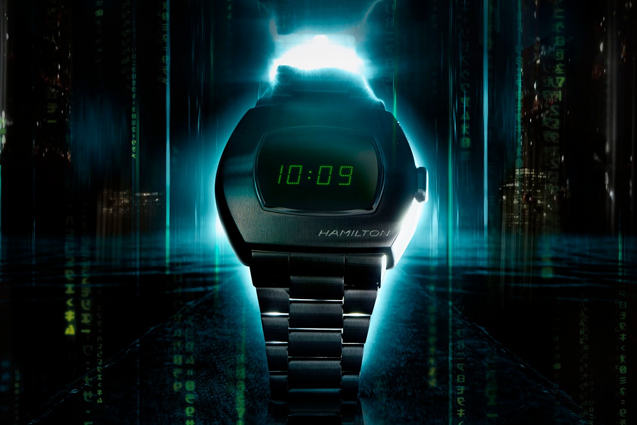Hamilton Dresses PSR Digital Watch in Matrix Black And Green For The Launch of The Matrix Resurrections
