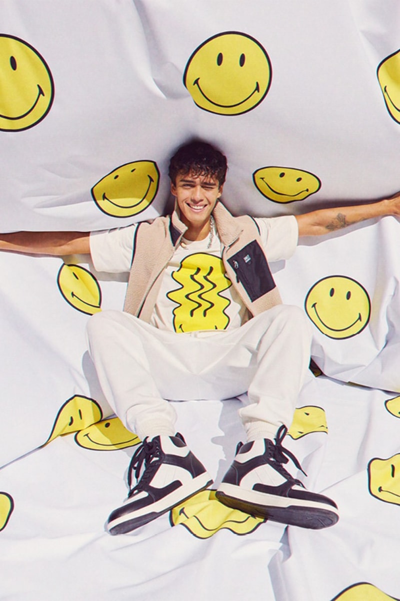 Smiley x H&M Collection Release Info fashion hoodie tees joggers denim beanie necklace white beige yellow purple turquoise 