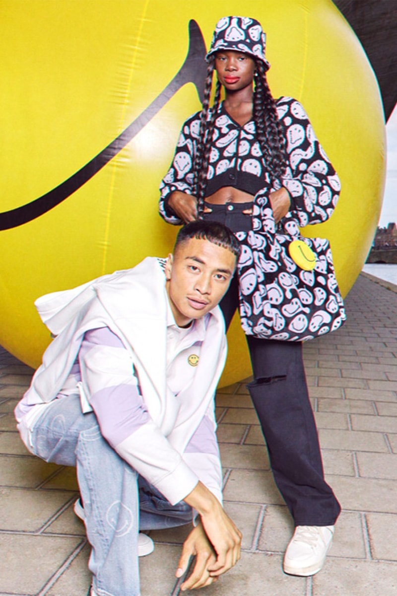 Smiley x H&M Collection Release Info fashion hoodie tees joggers denim beanie necklace white beige yellow purple turquoise 