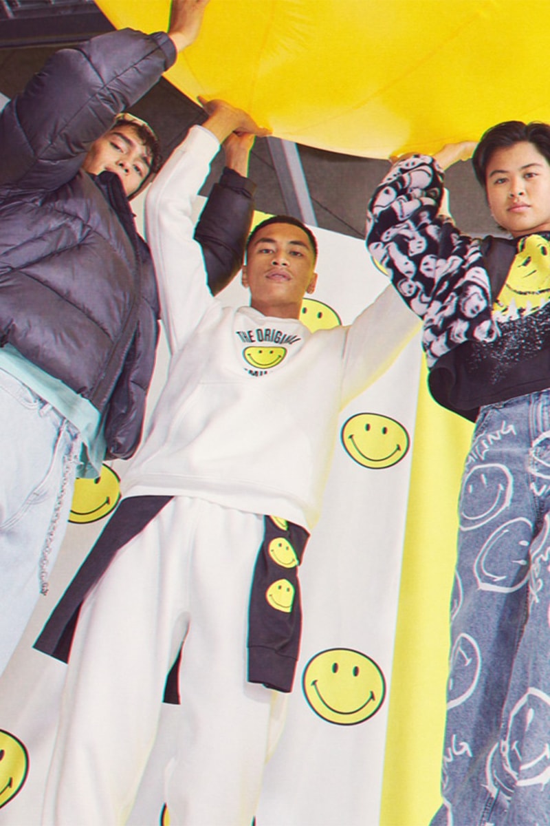 Smiley x H&M Collection Release Info fashion hoodie tees joggers denim beanie necklace white beige yellow purple turquoise 