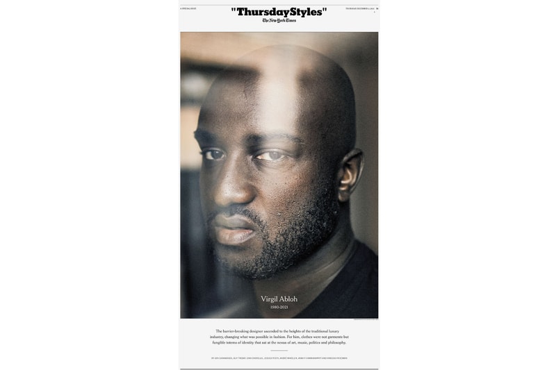 New York Times Honors the Legacy of Virgil Abloh With Cover louis vuitton off-white new york times styles lvmh cancer virgil was here