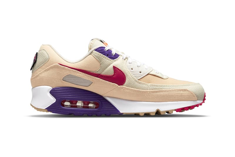 Nike Air Max 90 dm8171 200 air sprung tan red purple mushroom butterfly move to zero swoosh leather canvas recycled materials dm8171 200 official images release info